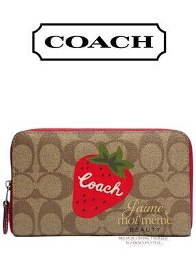 Coach Signature C & Strawberry Zip Around Wallet - Red, Green And Tan - New!